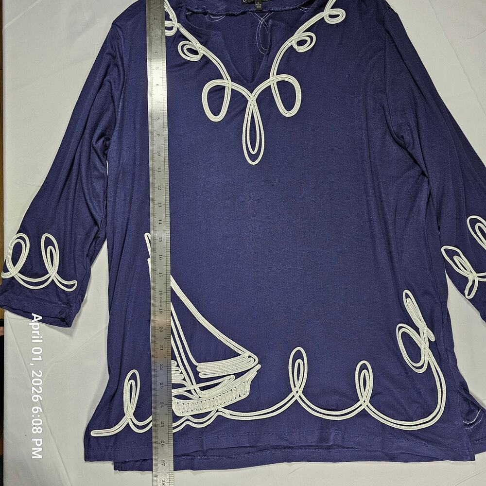 BaliBua Nautical Sailboat Tunic Top Women L Blue Embroidered Coastal Beach Boho - Picture 3 of 6